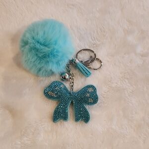 Blue Bow Keychain with Pom Pom Bag Charm